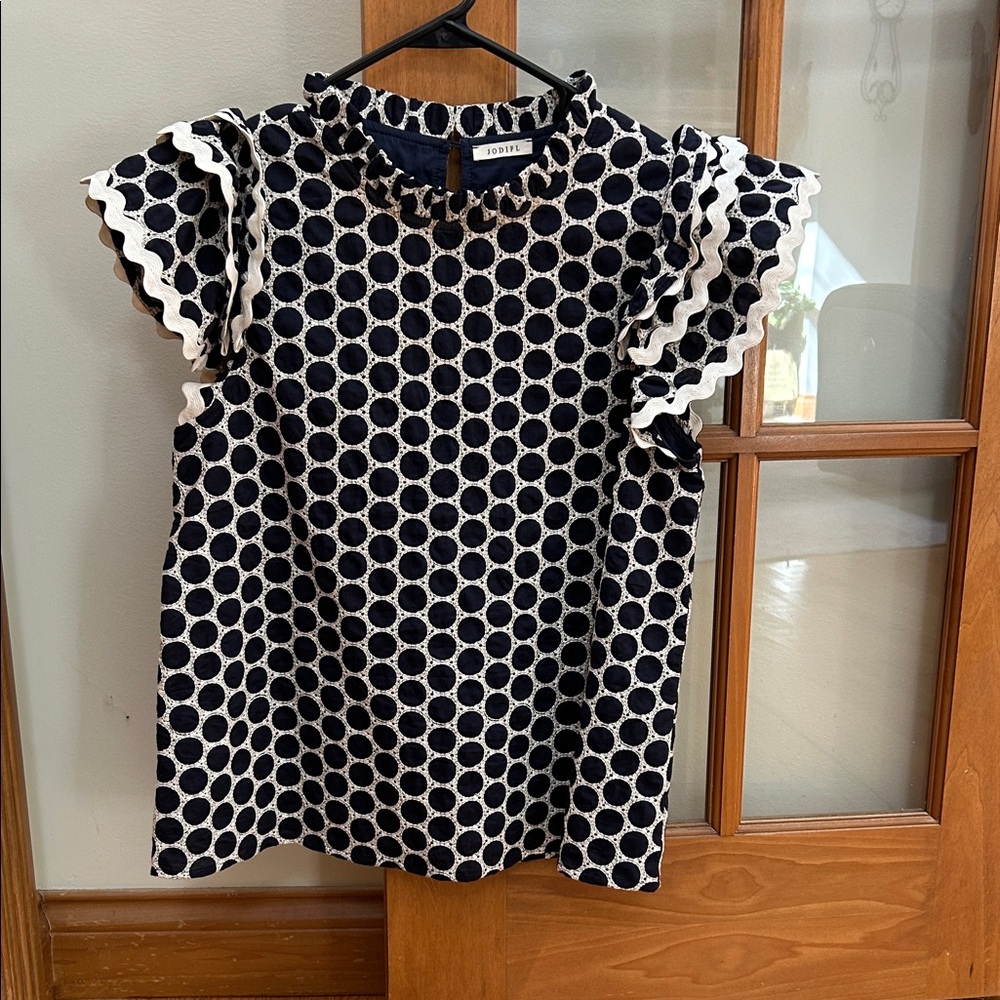 Jodiful Navy and Cream flutter sleeve shirt, size S